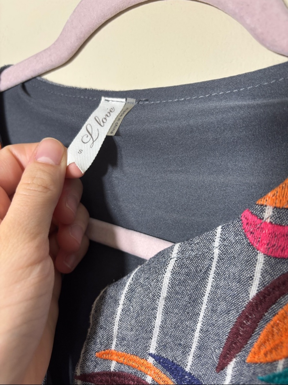 Striped Embroidered Mini Dress - Gray with Multicolor Floral Yoke - Picture 4 of 5